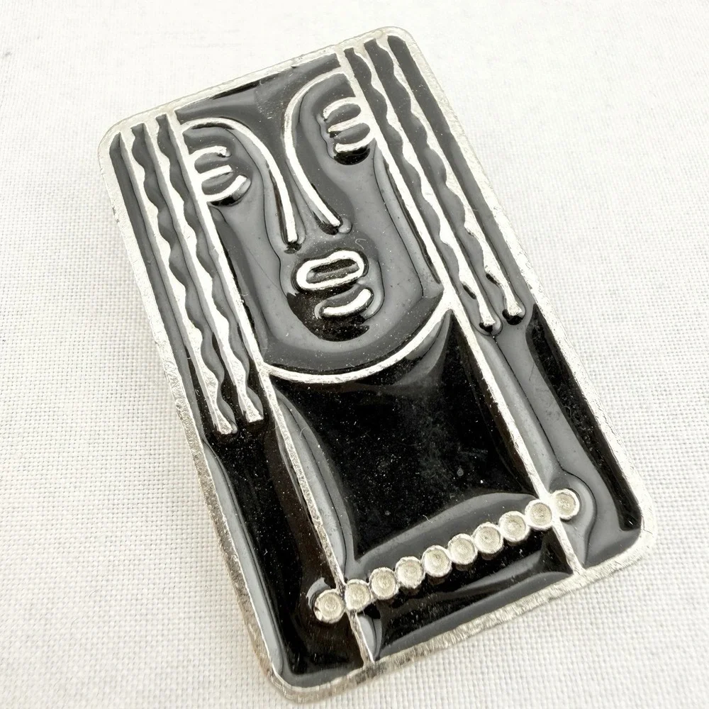 Vintage '70s Charles of the Ritz Pewter Brooch Pin/Pendant Black Enamel Art Deco